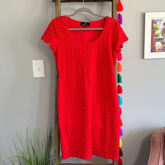 Crochet Mini Dress 10 Cherry Red Eyelet Lace Ronni Nicole Party Casual Stretch - Picture 2 of 9